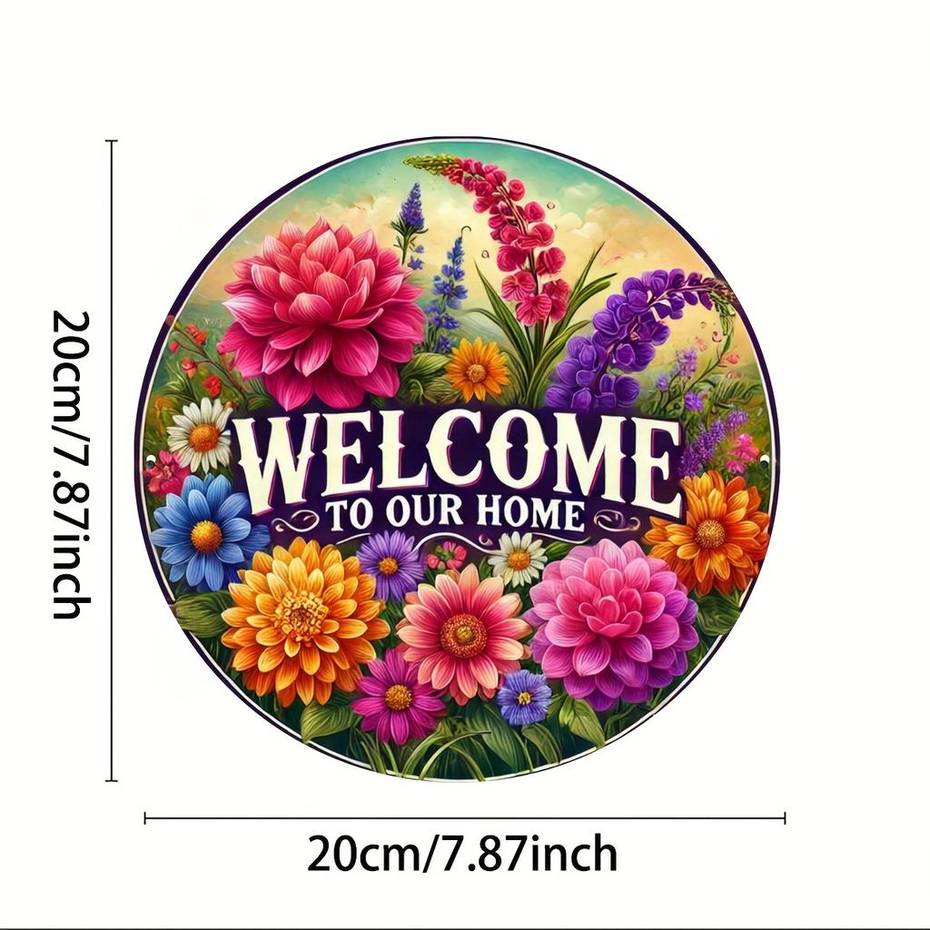 x Inch Aluminum Sign with Vibrant Spring Floral Wreath Welcome to Our Home Text Durable IndoorOutdoor Wall Decor
