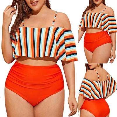 Womens High Waisted Plus Size Swimsuits Bikini Stripe Print Peplum  Split Swimwear