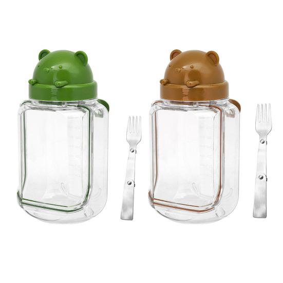 Bärenförmiges Salatglas mit integriertem Löffel Tragbarer Kunststoffbehälter für Overnight Oats Obst Auslaufsicherer Transparenter Salatbehälter
