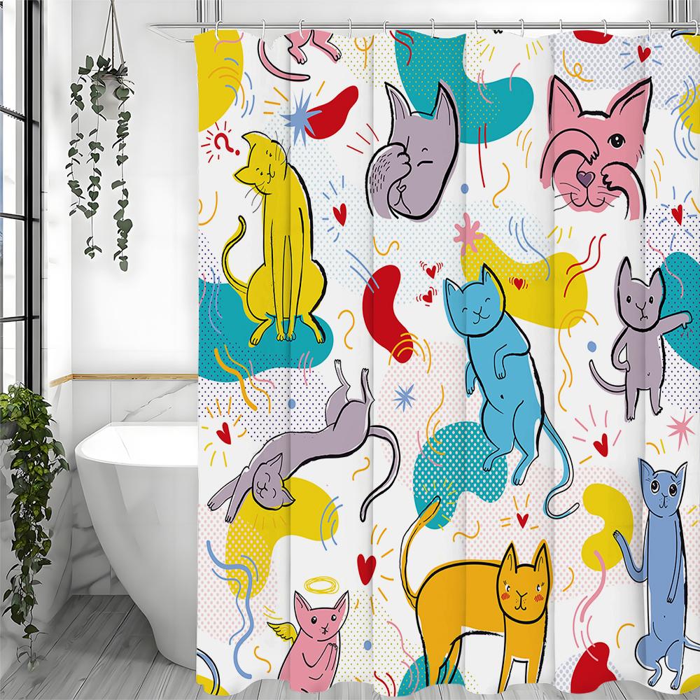 Colorful and Quirky Cats Shower Curtain, Bathroom Decorative Shower Curtain, Waterproof Shower Curtain with Hooks