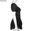Hollow Black Dress Women V Neck Ruffles Pleated Dress Puff Sleeve Chic Black Summer Party Dress French Vintage Corset Ladies
