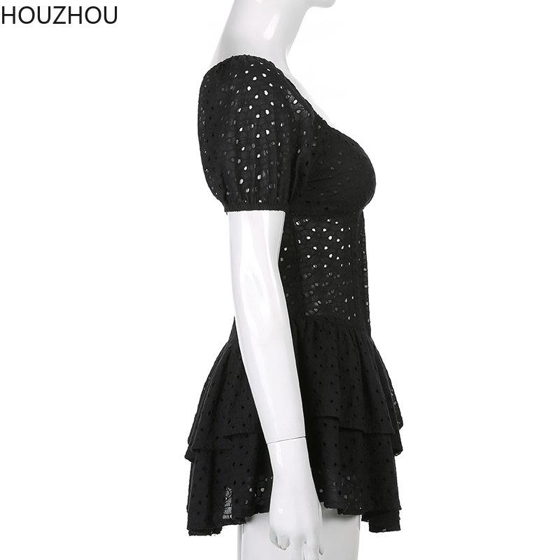 Hollow Black Dress Women V Neck Ruffles Pleated Dress Puff Sleeve Chic Black Summer Party Dress French Vintage Corset Ladies