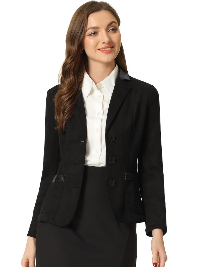 Allegra K Women's 2-Button Blazer Jacket with Leather Lapels and Faux Suede, Black, Size M