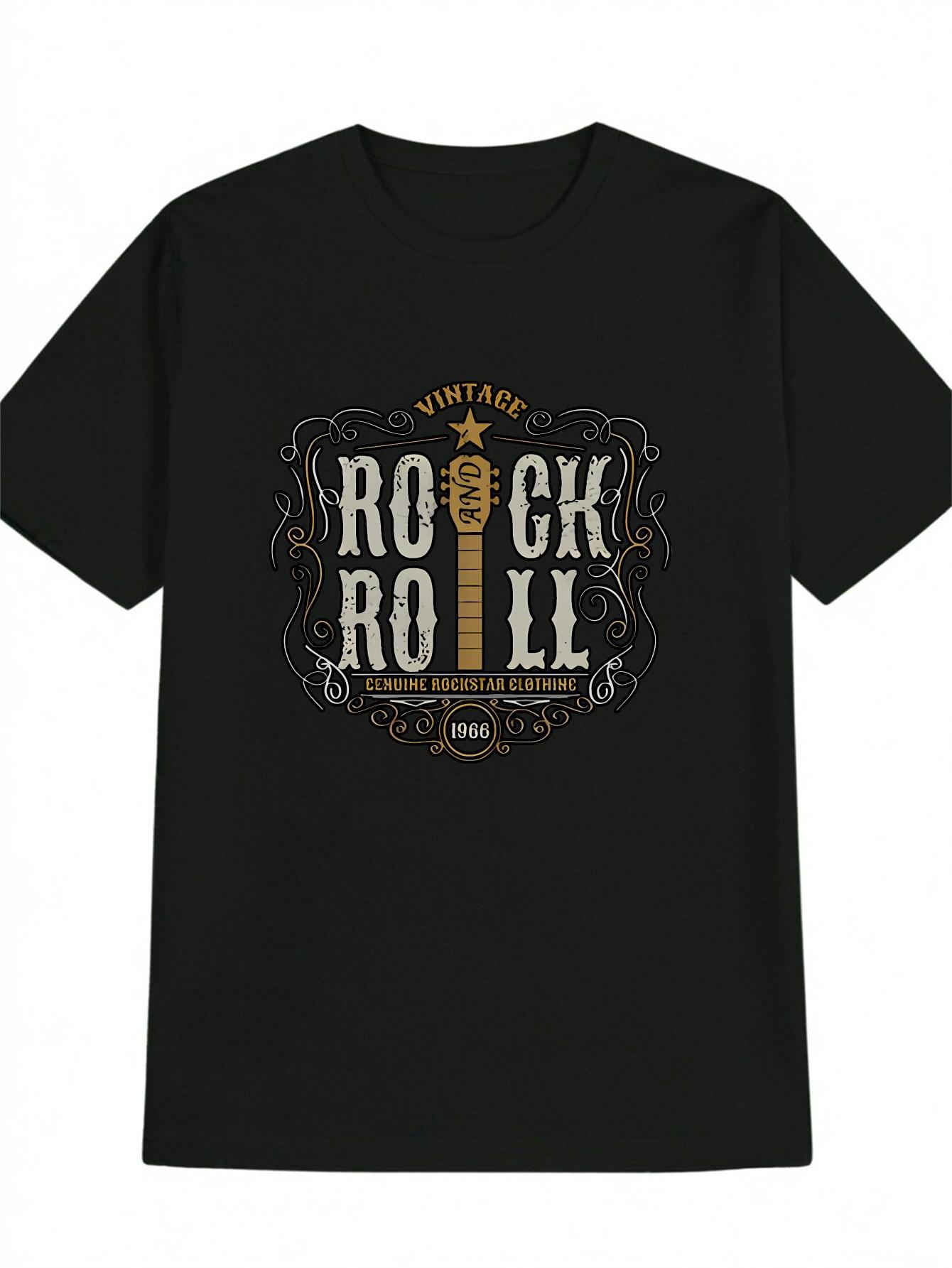 

Rock & Roll Graphic T-shirt - Vintage-Inspired Black Tee with Golden ROCK & ROLL Print L