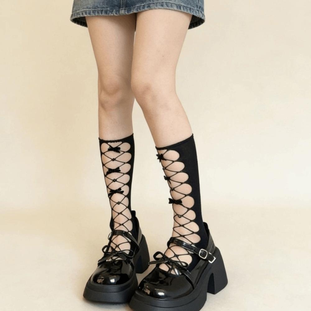 Hollow Out Fishnet Socks Thin Fabric Bow Socks New Net Stockings Girls Women