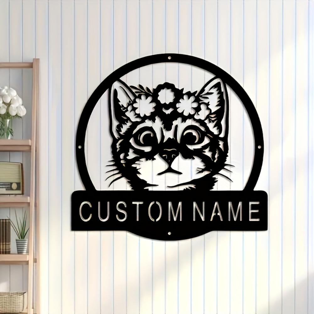 Metal Cat Flower Custom House Number Sign Personalized Garden Wall Decor Farmhouse Name Plate