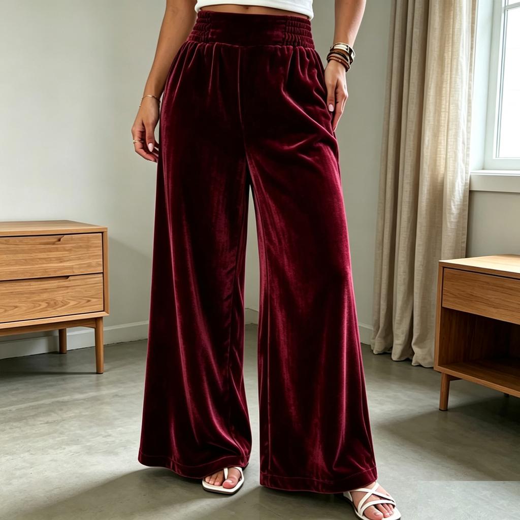 Women's Color Velvet Wide Leg Pants Loose Straight Fit Casual Trousers