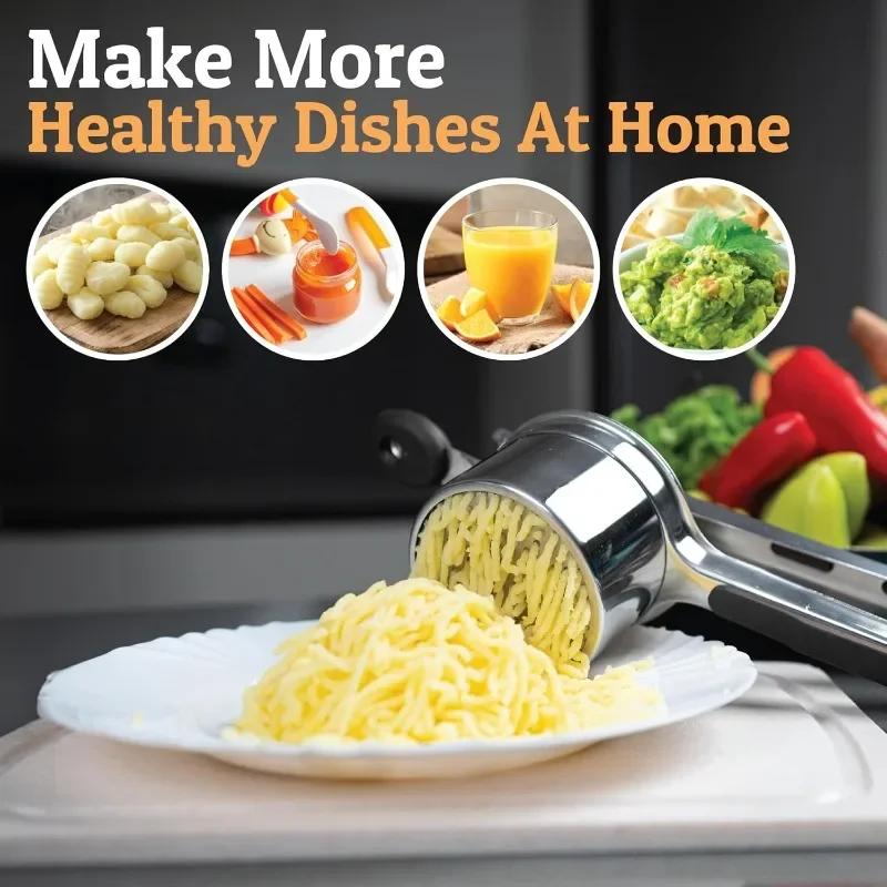 Stainless Steel Potato Masher Heavy Duty Ricer For Mashed Potatoes Potato Press and Kitchen Gadget 3 Interchangeable Discs