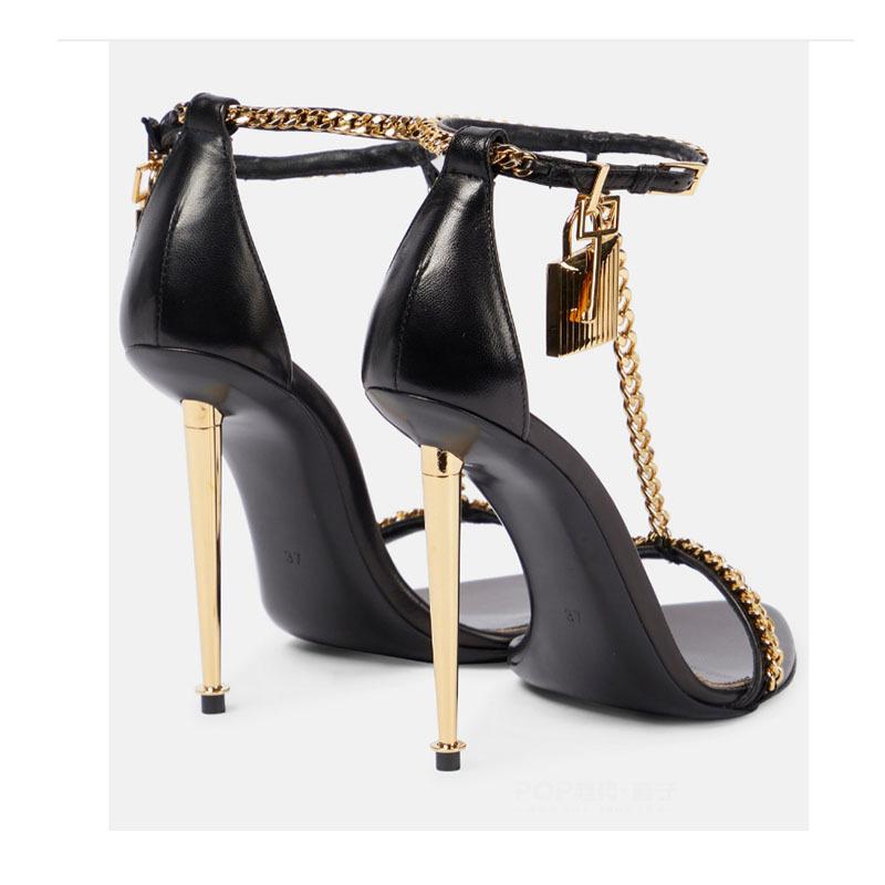 Divat Divat Minimalista Arany Lánc Lakat Magassarkú Szandál Európai Amerikai Szexi Vékony Sarok Nyitott Orr Fém Lánc Hegyes Magassarkú