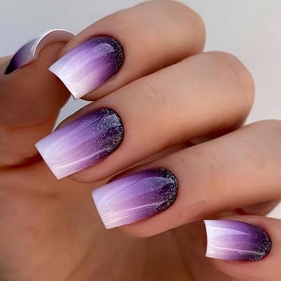 24pcs Colorful Ombre Press-On Nails, Gradient Purple Fake Nails With Glitter, Long Coffin Shaped, Stick-on Manicure, With Adhesive Tabs & Nail File