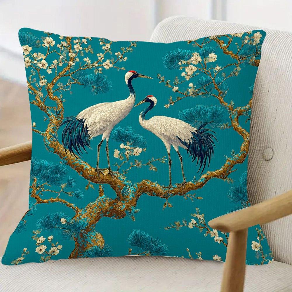 Oosterse Rode Kroonkraan Kussensloop Petrol Groen Pioenroos Print Zacht Linnen Gevoel Voor Bank Bed Woonkamer Aziatische Woondecoratie Cadeaus Peach skin 18*18(CM)-1Pcs