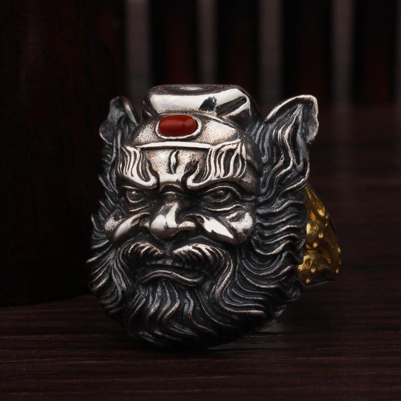 Adjustable Open Ring Men Women Vintage Chinese Folk Art Zhong Kui Demon Hunter Statement Copper Electroplated Adjustable Open Band