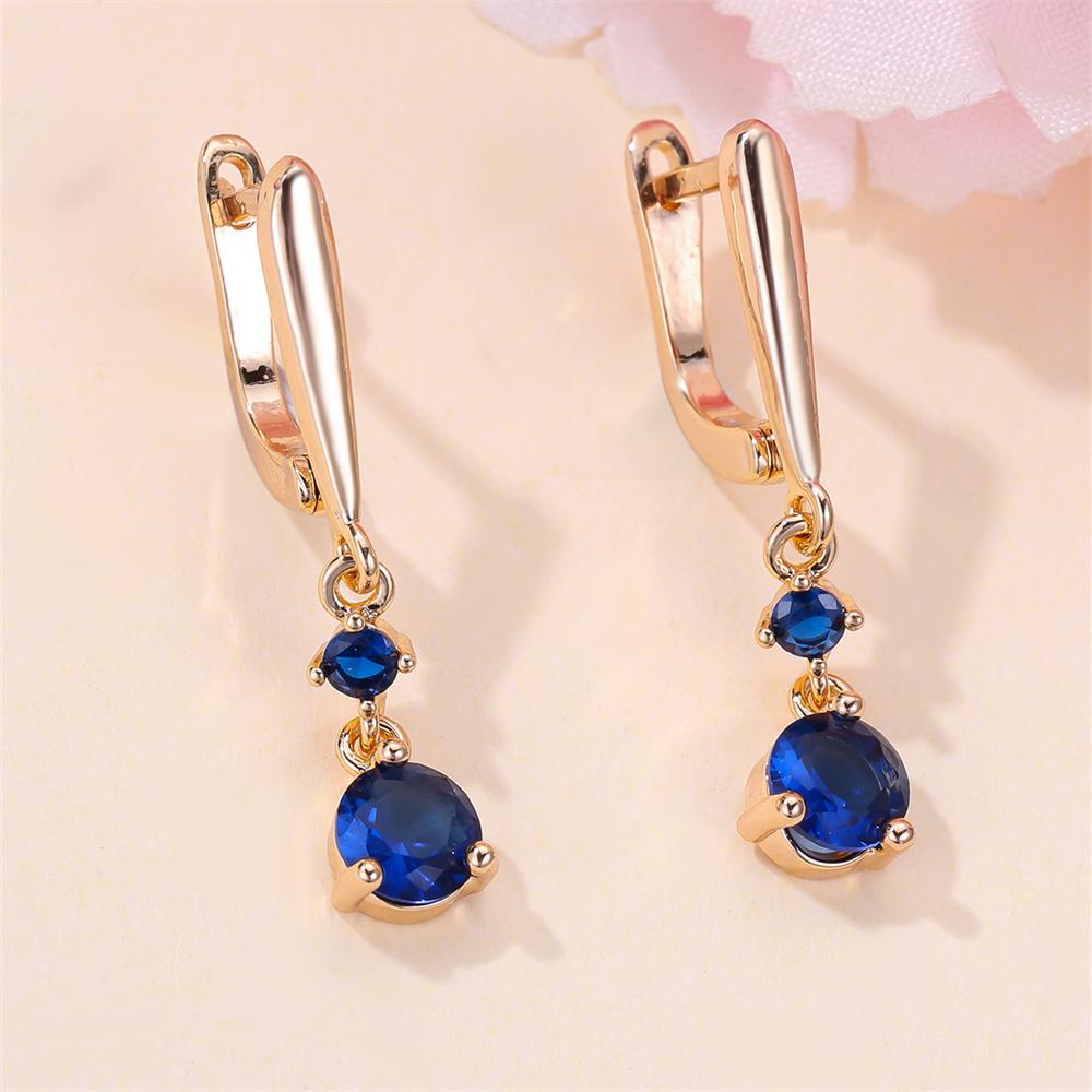 Small Round Stone Blue Crystal Pendant Hoop Earrings For Women Vintage Gold Color Ear Buckle Wedding Jewelry Engagement Gifts