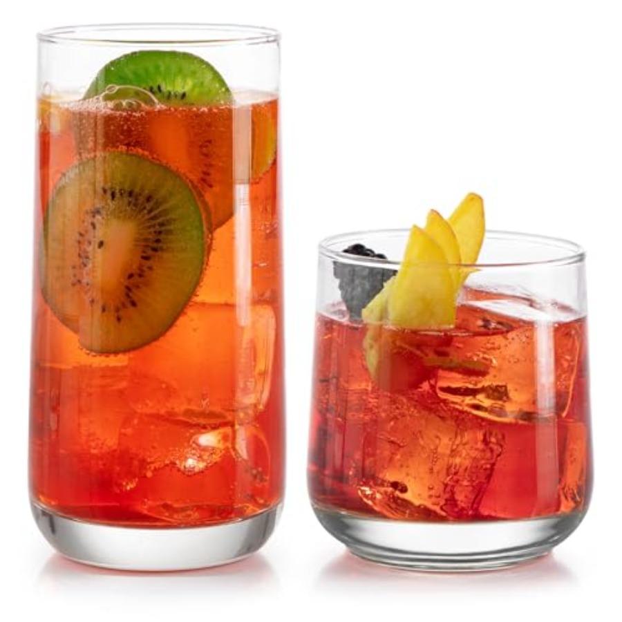 Ascent Tumbler and Rocks Drinking Glasses Set of 16, Glass Drinking Glasses with Curvature, Versatile Glassware Set for Parties