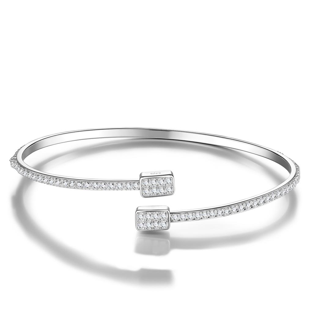 Glänzendes S925 Silber Rundes Moissanit Doppelrechteck Ganzflächig Pavé Schlank Offener Armreif GRA Zertifiziert Eleganter Damen Stapelbarer Armreif