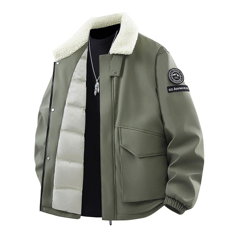 Winter Herren Lammfellkragen Daunenjacke, Verdickte Warme und Kältefeste Jacke, 50% Graue Entendaune Wintermantel