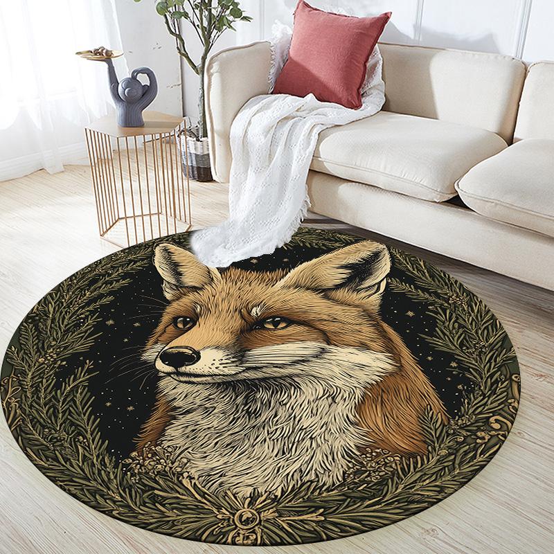 Fox On Tree Branch,Round Area Rug,Carpet Rug for Living Room Bedroom Sofa Playroom Decor,Non-slip Floor Mat