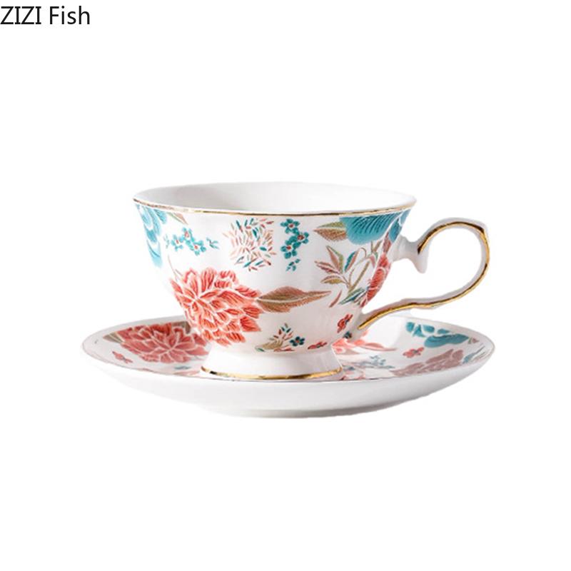 Floral Blooming Painted Cup&saucer Golden Edge Porcelain Coffee Mug Dining Table Afternoon Tea Teacup Fruits Juice Cup Mugs