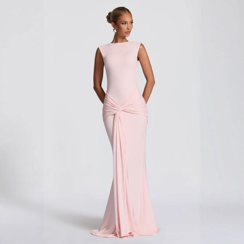 New autumn fashion slim-fit halter round neck high-waisted sleeveless streamer hip-wrapped dress