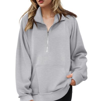 Felpa da donna autunno inverno con risvolto, cerniera, mezza patta, manica lunga, tasca anteriore, pullover, tinta unita, vestibilità ampia, sportiva