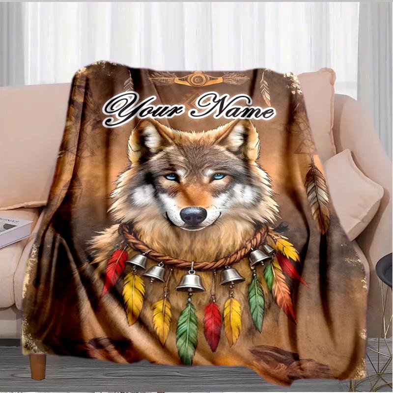 1PC Custom Name Wolf Spirit Dreamcatcher outdooor Flannel blankets Throw Blanket All-Season Throw Gift Bedspread for Couch, Bed, Camping Holiday Birth
