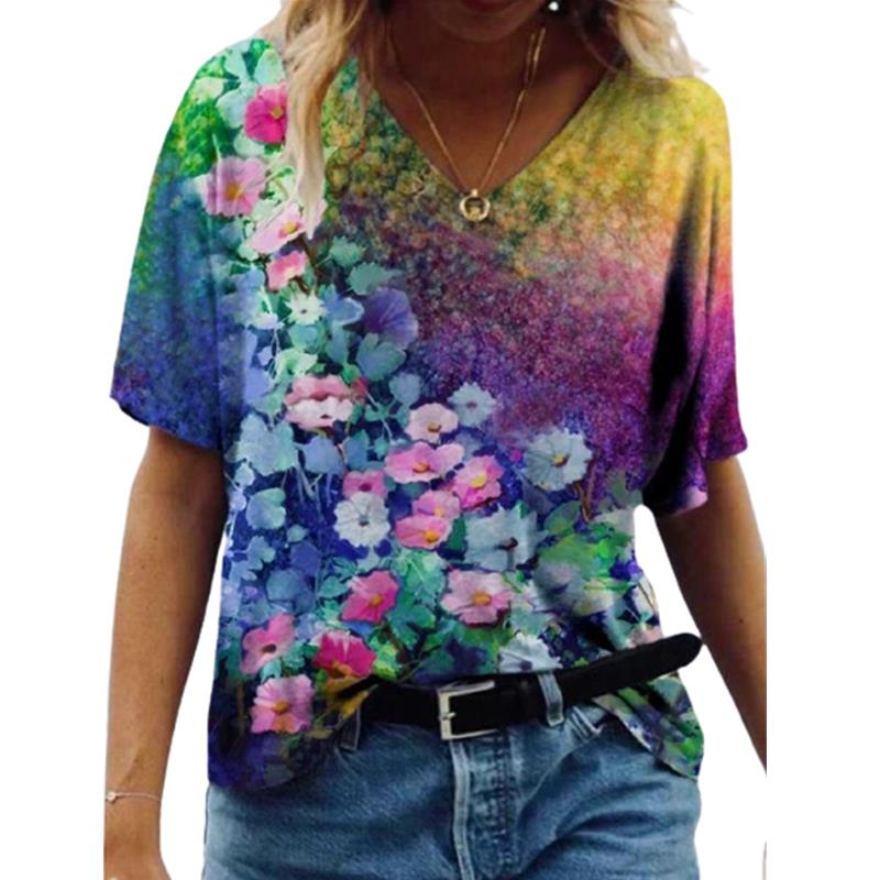 Oversized Women Summer New Casual Short Sleeve Loose Large Size Tops Landscape 3D Floral Print Top
