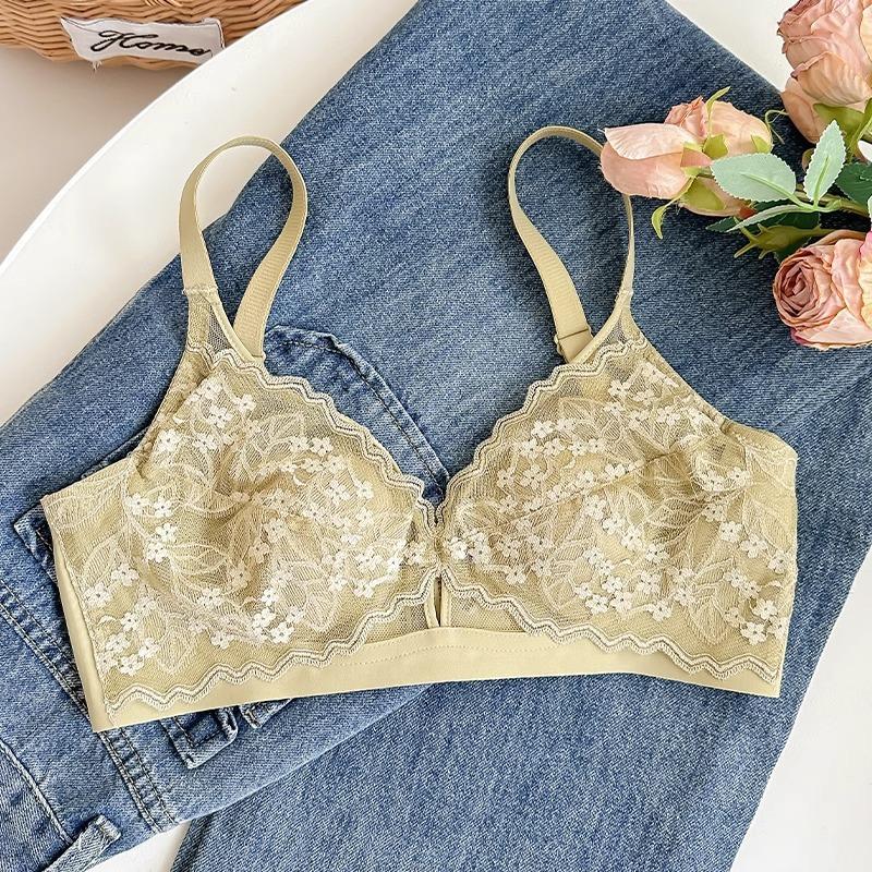 French Lace Crystal Cup Wireless Bra, Ultra Thin Minimizer Side Gathering Anti-Sag Bra for Full Bust Summer Women