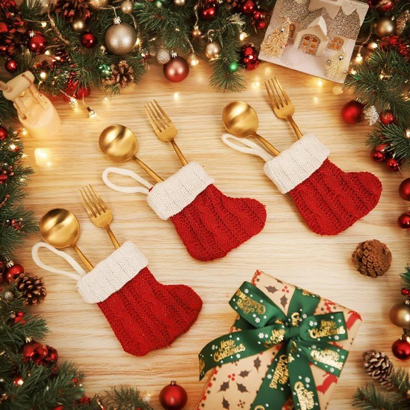 1PCS Cartoon Stripe Knitted Christmas Stocking Utensil Cover Classic Ornament Gift Holders Bag Happy New Year 2026