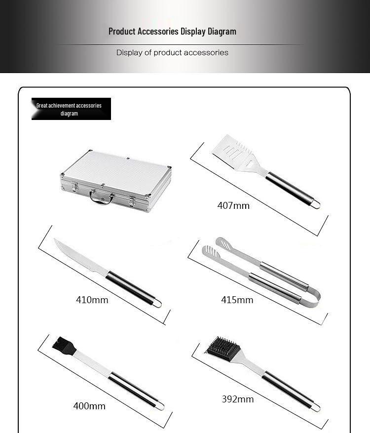 Meigo Stainless Steel BBQ Tool Set, 32 Pieces, with Portable Cloth and Aluminum Case Options, New.