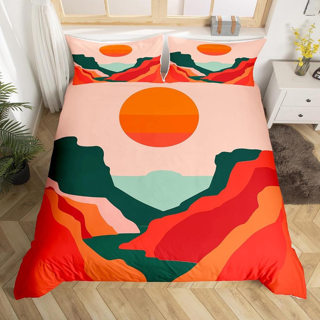 Medieval Boho Century Modern Duvet Cover Set Abstract Geometric Rainbow Sun Circles Comforter Cover Microfiber Soft Bedding Sets