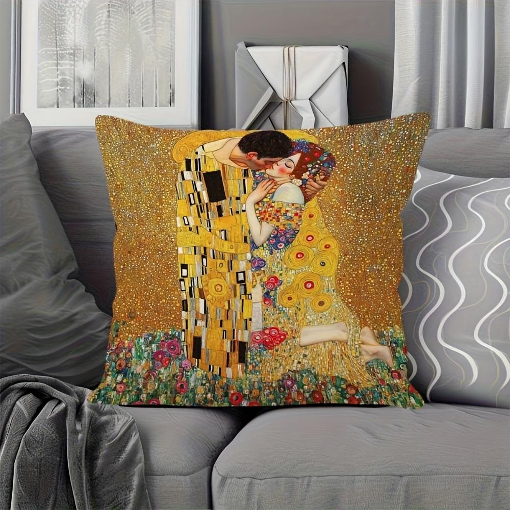 1Pc Gustav Klimt The Kiss Pillow Cover, Polyester 2D Double-Sided Print, Famous Art Nouveau Painting, Art Lover Home & Car Decor