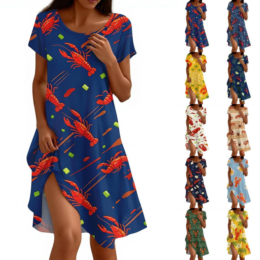 Women's Casual Short Sleeve Dress with Lobster and Beer Print Relaxed Fit Round Neck Mid-Length Summer Dress with Side Slit