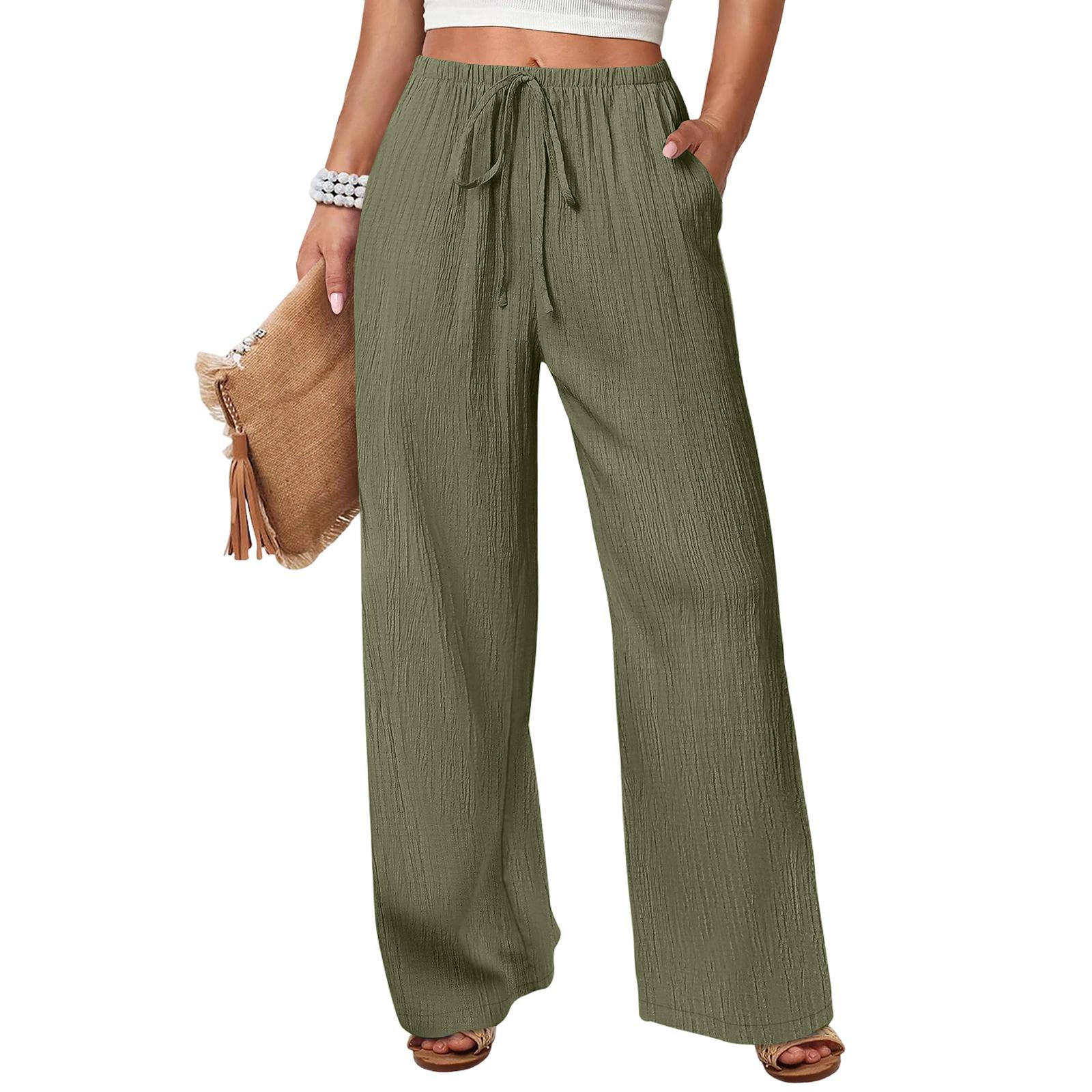 

Женские свободные однотонные повседневные брюки прямого кроя на кулиске с карманами. L армия зеленый