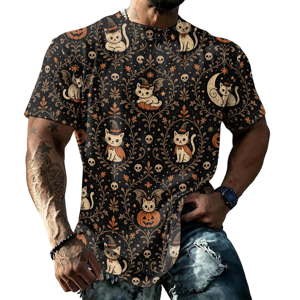 Unisex Loose Fit Casual Short Sleeve Halloween Print Shirt Comfortable Breathable Fabric Lightweight Top for Everyday Wear