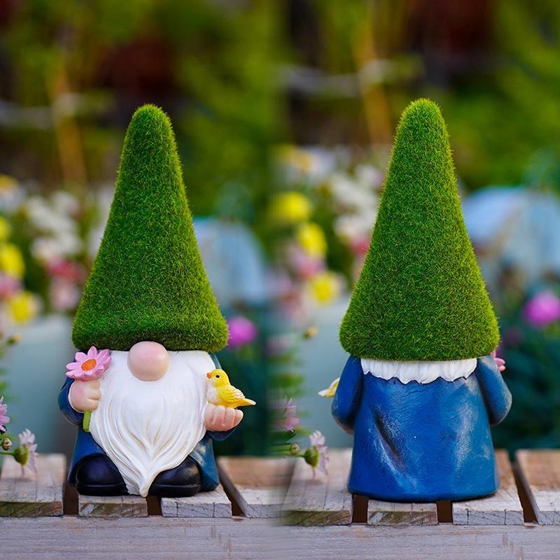 Tegneserie Hage Elf Harpiks Ornamenter Grønn Hat Blomst Fugl Gammel Mann Ansiktsløs Søt Dverg Statue Hjem Hage Gårdsplass Elf Skulptur Ny