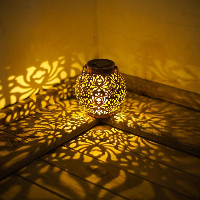 Led Solar Lantern Light Hollow Wrought Iron Projection Light Hanging Lamps Outdoor Waterproof Yard Garden Art Decoration