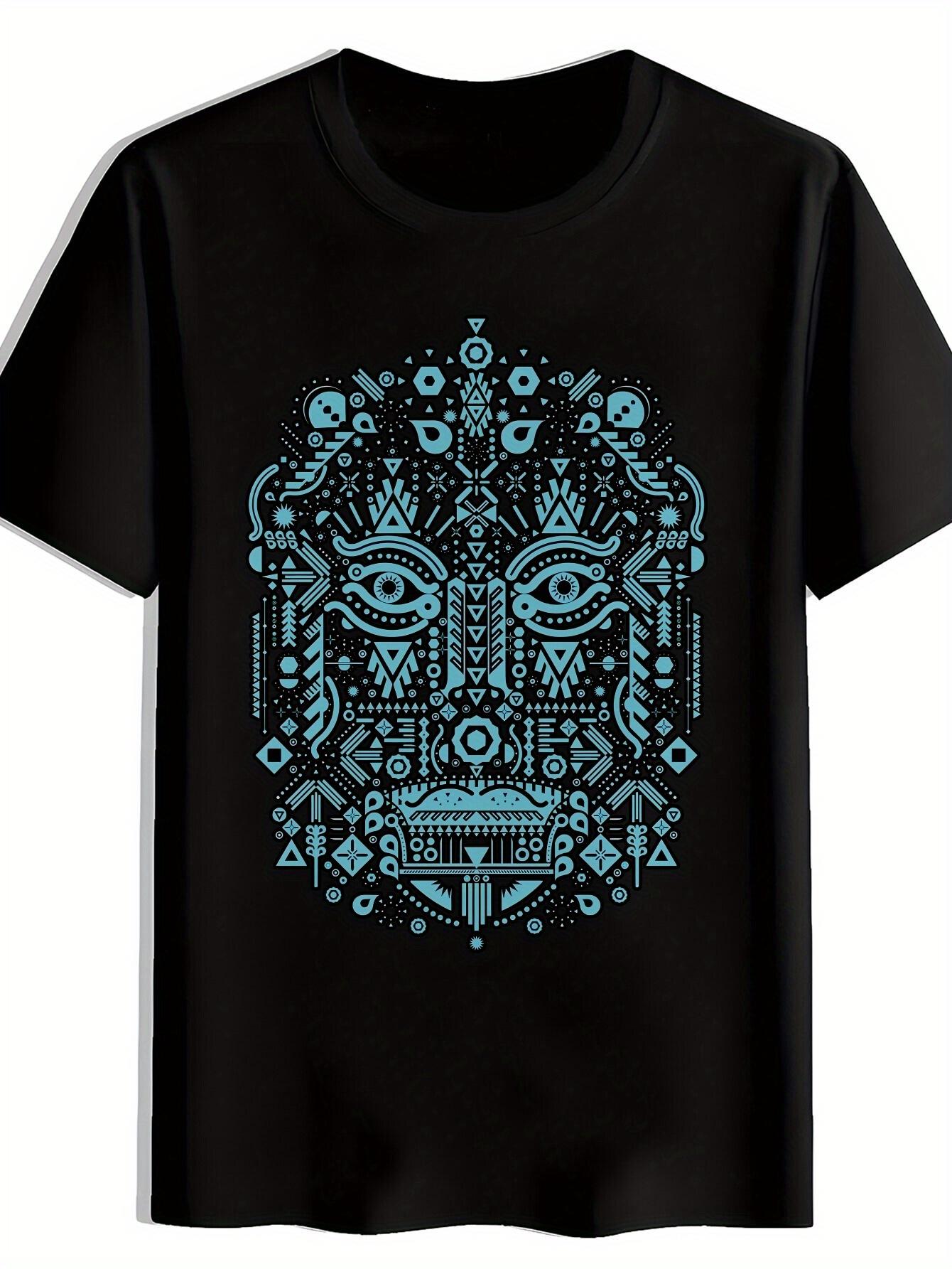 

T-shirt - Black with Turquoise Blue Mayan Face Design - Breathable Polyester Casual Summer Tee for Vacation M