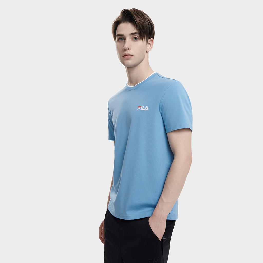 FILA Fashionable Simple Loose Printed Round Neck Knitted Short Sleeve T-Shirt Men Tops Ocean-Blue F11M338114F-BU