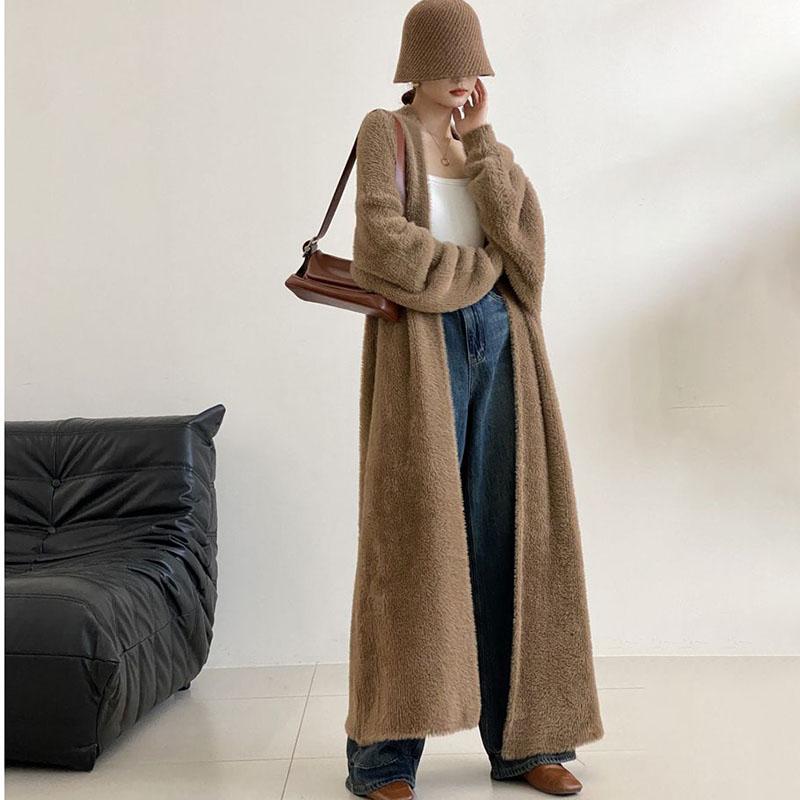 

Женский кардиган из искусственной норки длиной выше колена, свободный повседневный утолщенный вязаный кардиган, куртка-свитер на осень и зиму XXL