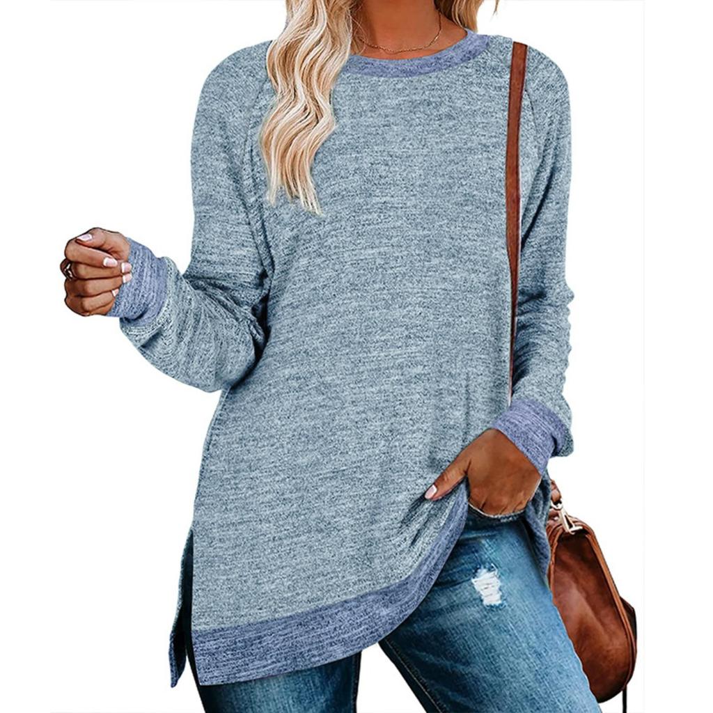 European American Women's Color Block Split Long Sleeve Crew Neck Loose Casual Pullover T-shirt Top