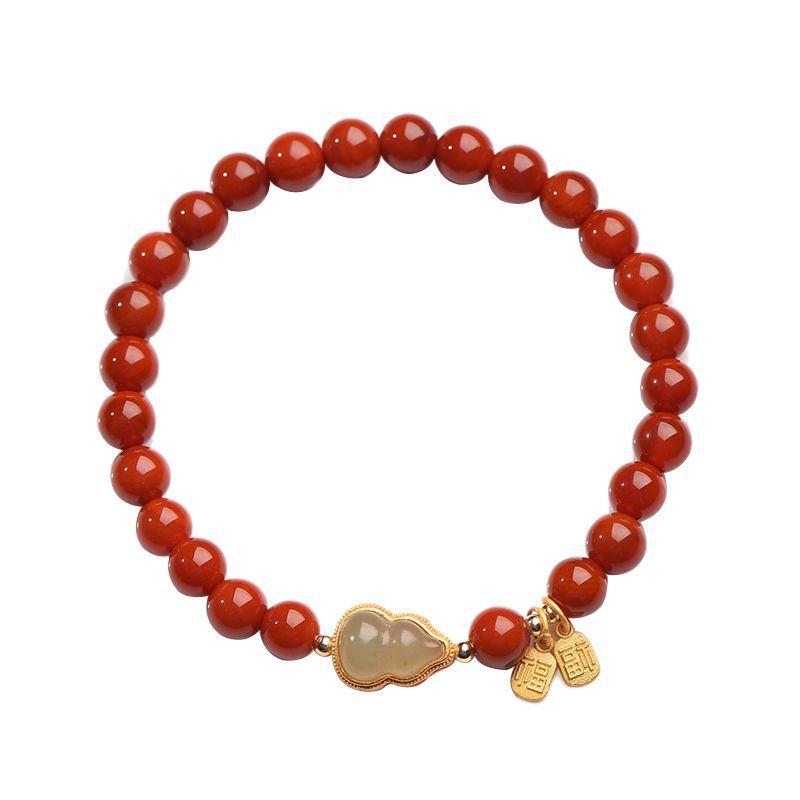 

Women s Natural Southern Red Agate Bracelet with Hetian Jade Gourd, Gold-inlaid Jade Bracelet, Ancient Style Fortune and Prosperity Beads, New Model 6Millimeter South Red Sty