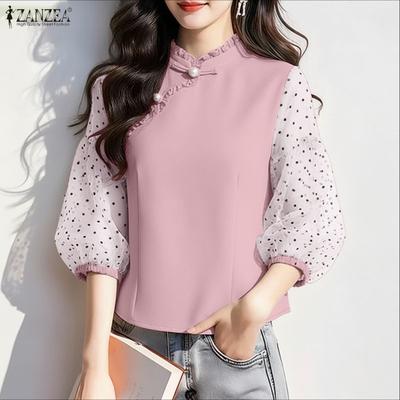 Women See-Through Mesh Splice 3/4 Sleeve Casual Blouse