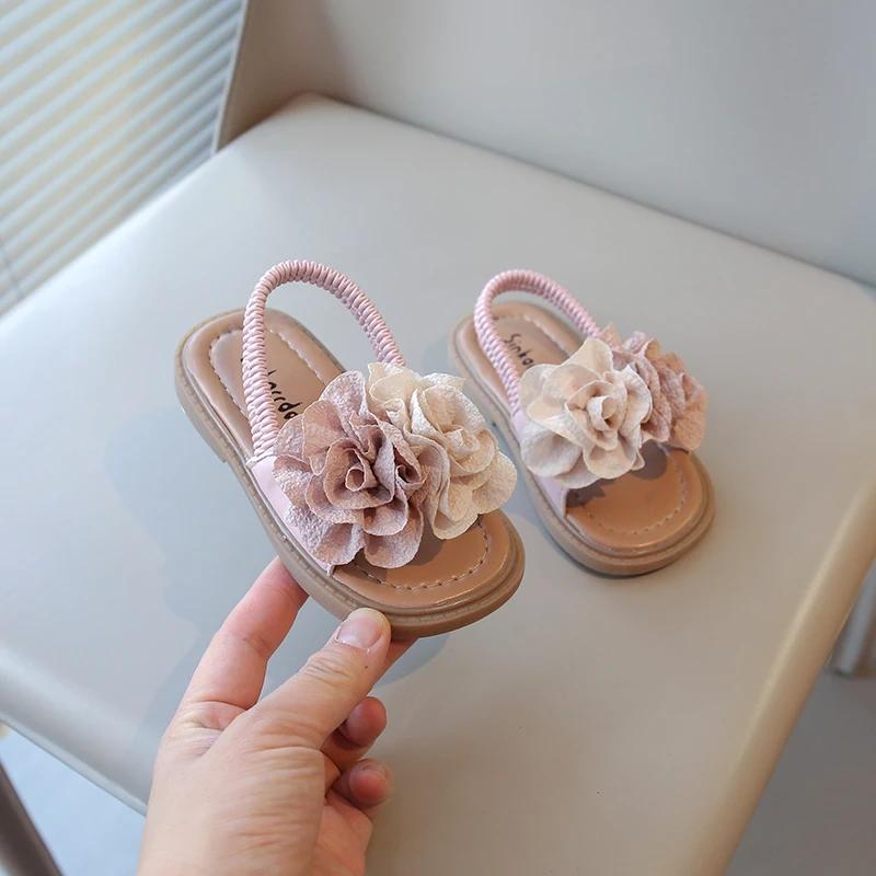Toddlers Girls Beach Shoes Elastic Band Big Floral Kids Princess Sandals with Flowers Sweet Children Sandals 2025 Summer New Hot