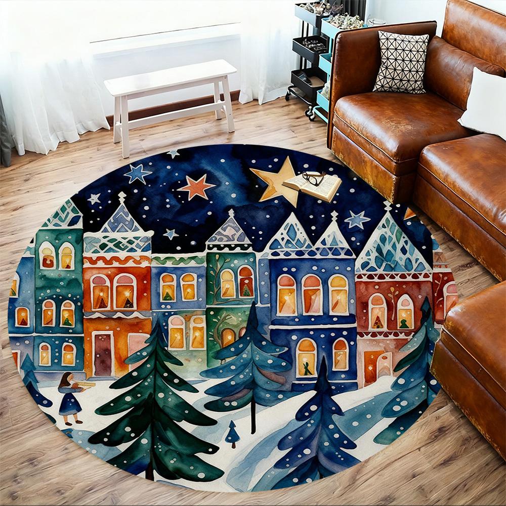 1pc Christmas Town Round Chair Mat Office Area Rug - Non-Slip, Floor Mat for Office, Bedroom, Ideal Home Decor Gift P0105118
