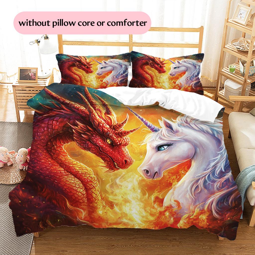 Dragon and unicorn Pattern Bedding Quilt Set Quilt Cover Pillowcase Home Decoration Gift (1 * duvet cover + 2 * pillowcase, without core)