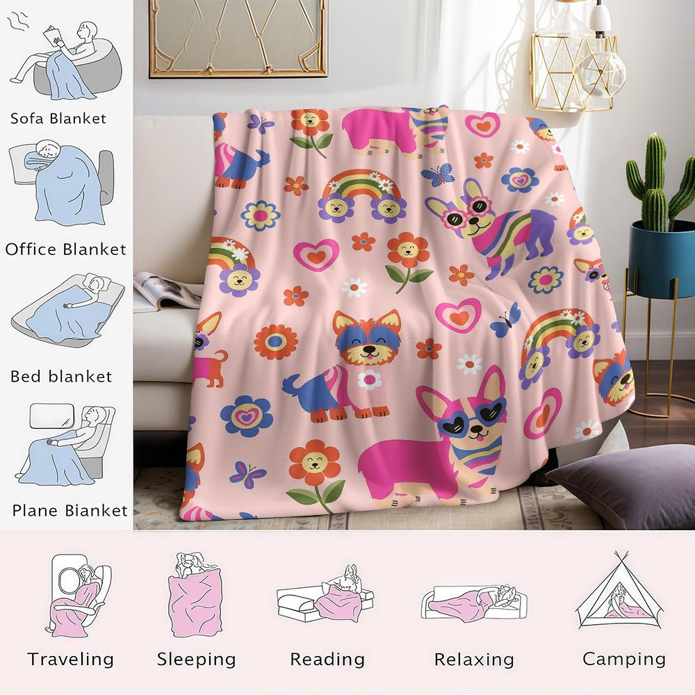 Colorful Puppy & Floral Flannel Blanket Warm Soft Halloween Christmas Couch Warm Cozy Decorative Decor Gift for All Season