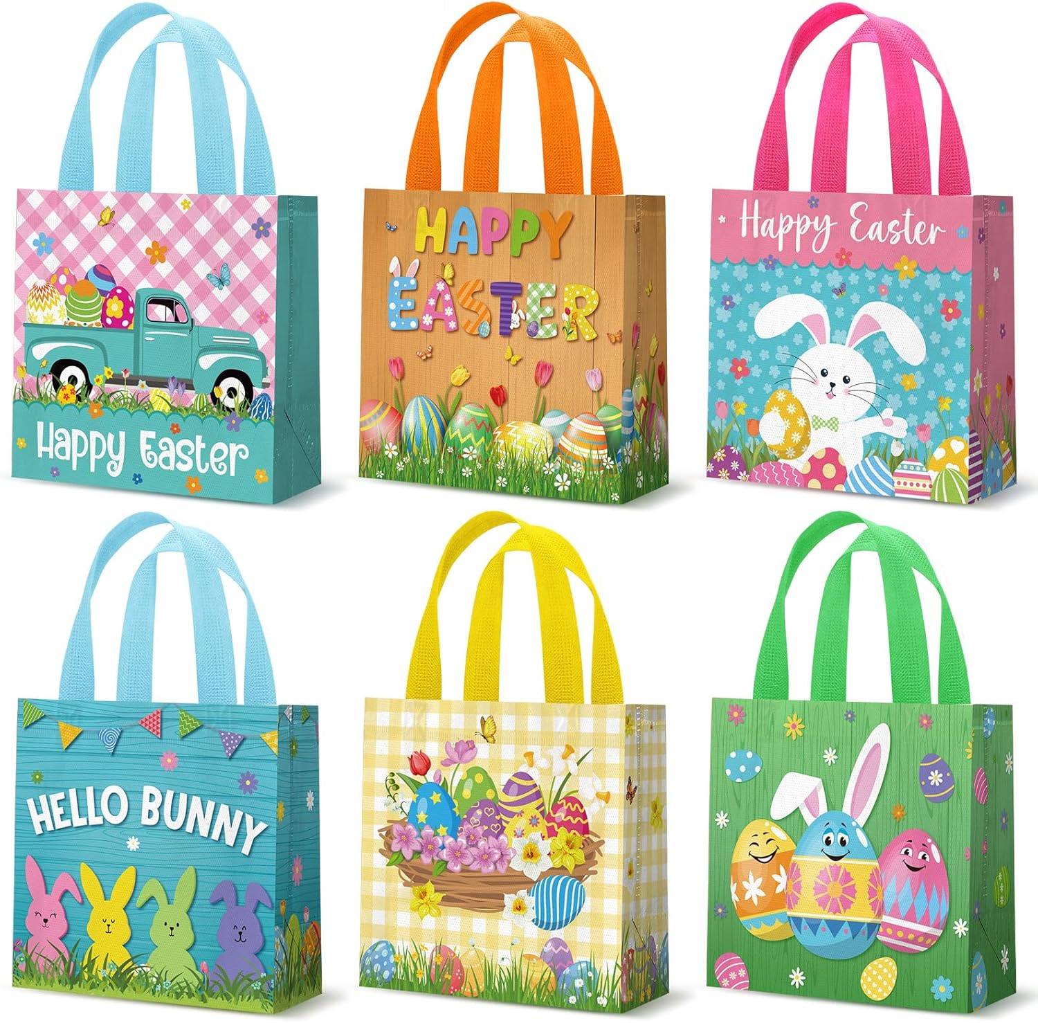 

6 Pieces Easter Gift Bags Bulk Reusable Cute Easter Tote Bags with Handles Bunny Eggs Non Woven Holiday Goodie Basket 7.8 7.8 3.5inch
