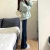 High-Waisted Retro Blue Fleece-Lined Flared Jeans - Women's Winter Slimming Straight-Leg Floor-Length Pants