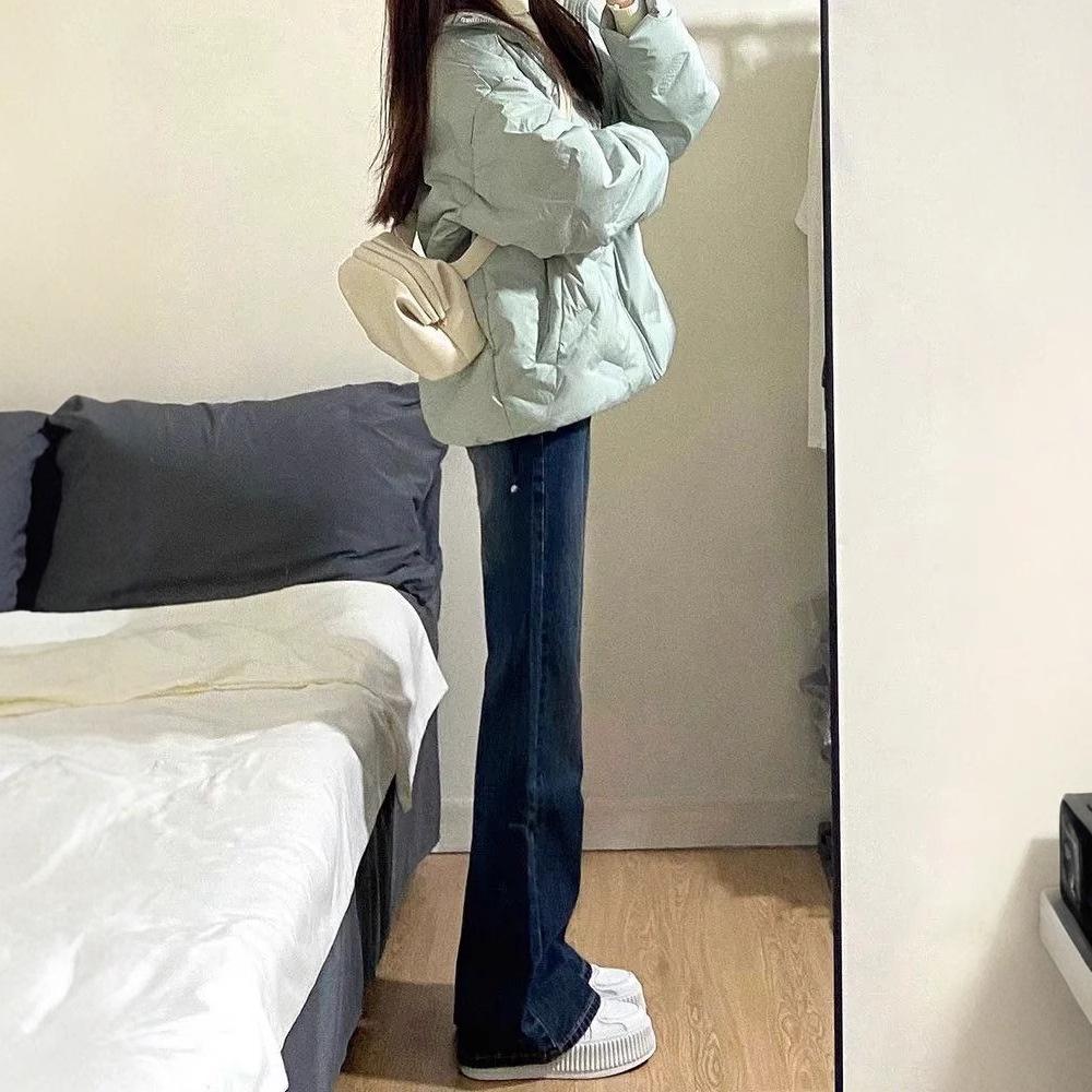 High-Waisted Retro Blue Fleece-Lined Flared Jeans - Women's Winter Slimming Straight-Leg Floor-Length Pants