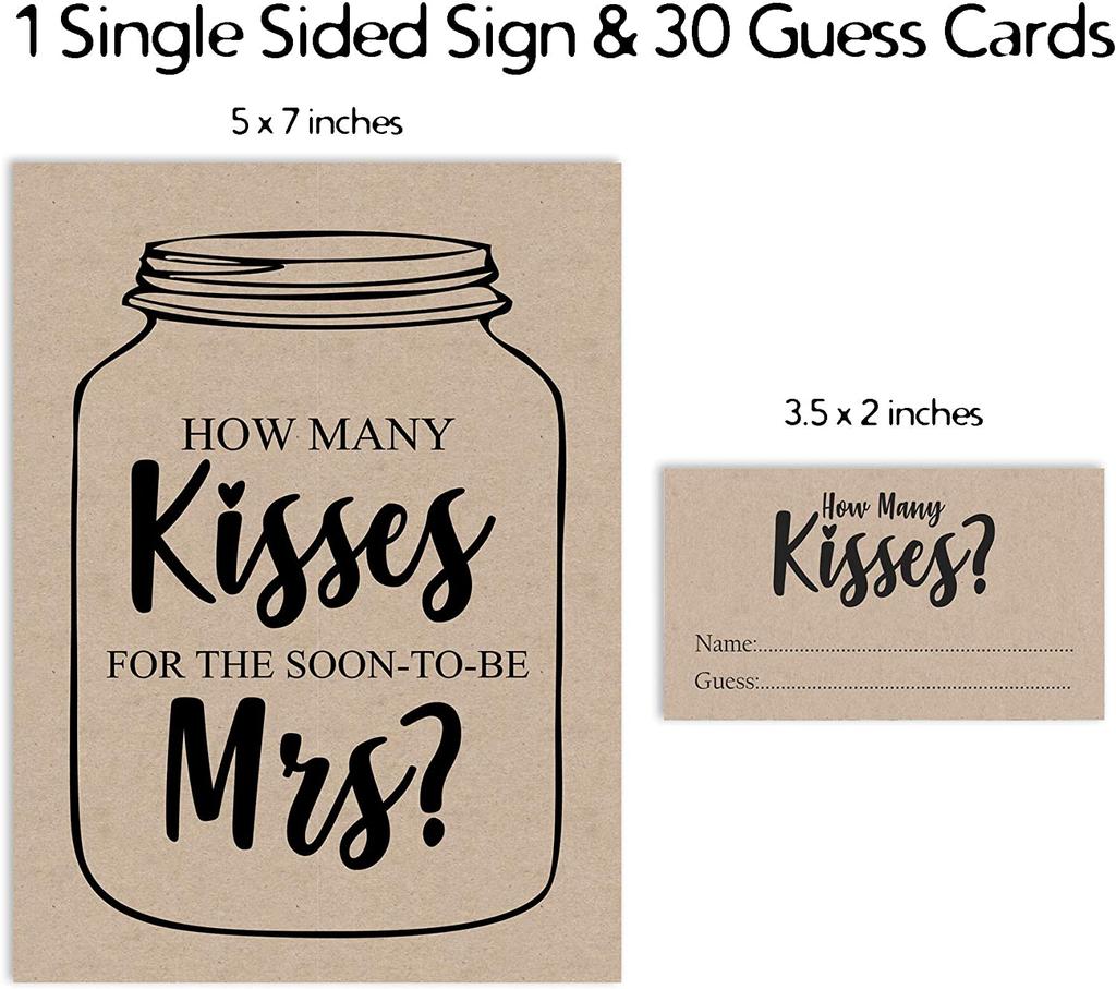 Inkdotpot How Many Kisses for The Soon to Be Mrs Beige Rustic Kraft Mason Jar Bridal Shower Game 1 Sign + 30 Cards